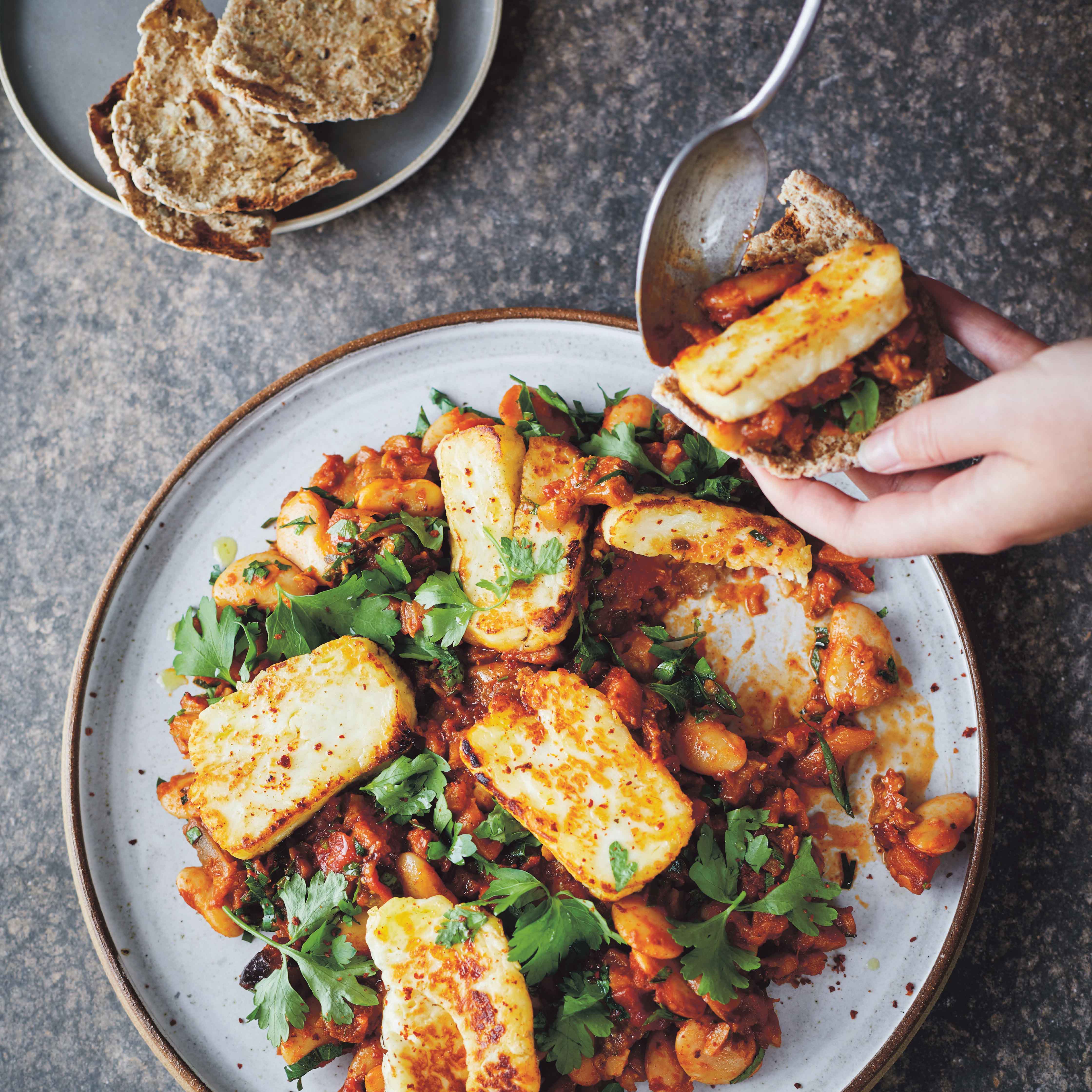 Fried Halloumi with Aubergine & Butter Beans JUNO Magazine